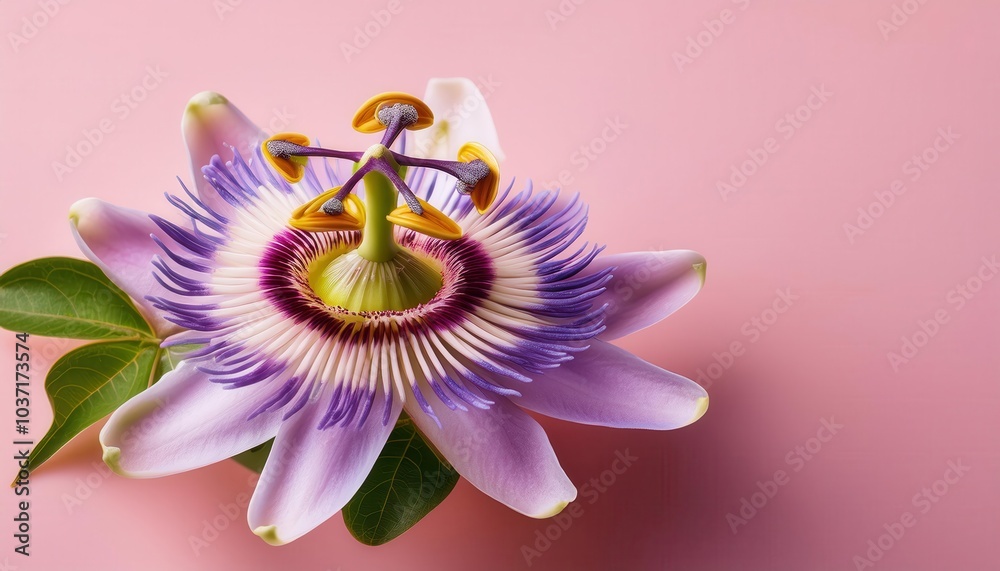 Poster macro view of a passion flower in full bloom on soft pink background. stunning botanical portrait hi