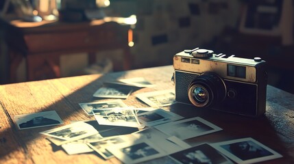 A vintage polaroid camera on a table with photos scattered around all captured in a hyper-realistic style with lifelike shadows and light