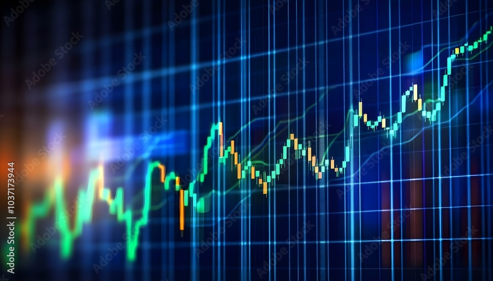 Aufkleber A vibrant digital chart displaying an upward trend in financial data, showcasing market movements with lines and grid patterns.