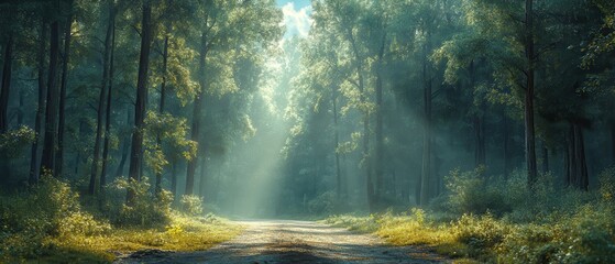 Fototapeta premium Forest Pathway, tranquil road winding through lush trees, warm sunlight streaming down, inviting exploration and serenity in nature