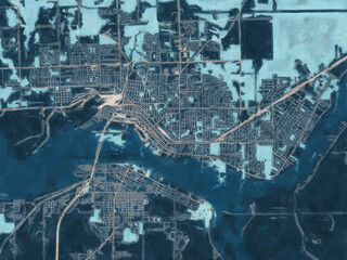Painterly Style City Map of Sault Ste. Marie Ontario, Canada in a Blue Color Scheme.