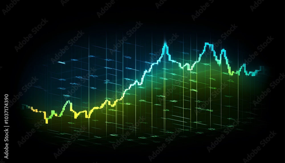 Poster a vibrant digital graph displaying fluctuating data trends with bright blue, green, and yellow lines