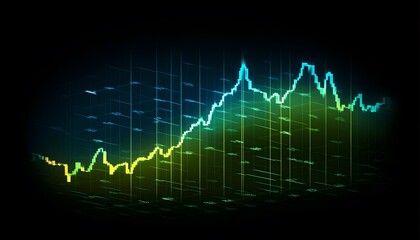 A vibrant digital graph displaying fluctuating data trends with bright blue, green, and yellow lines against a dark background.