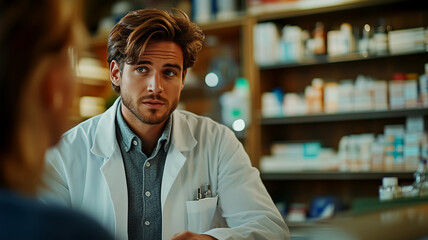 Obraz premium Pharmacist consulting with a patient in a pharmacy setting