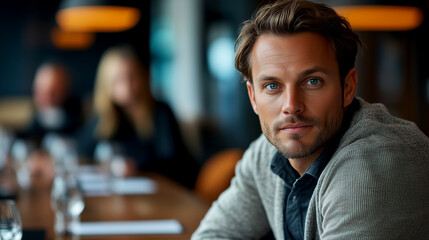 Fototapeta premium Thoughtful man in a modern dining setting