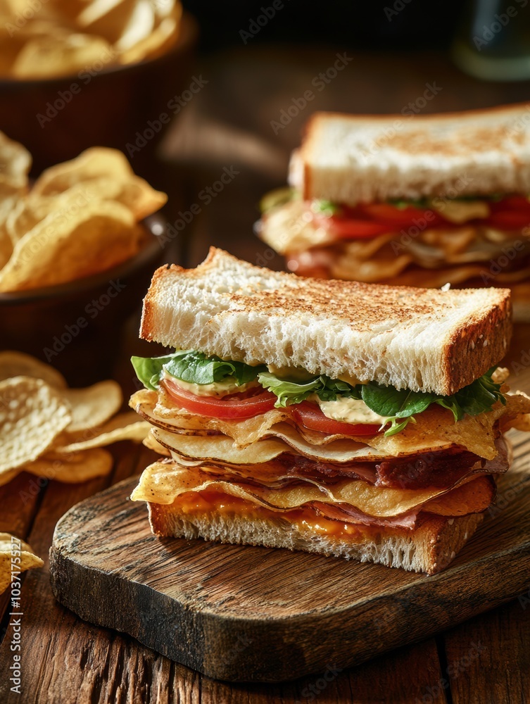 Poster A stack of sandwiches filled with fresh vegetables and meats is accompanied by a bowl of crispy potato chips on a rustic table. Generative AI