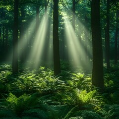 Obraz premium Serene forest scene showcasing rays of sunlight piercing through the lush canopy, illuminating vibrant ferns on the forest floor.