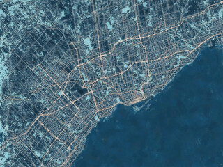 Painterly Style City Map of Toronto Metro Ontario, Canada in a Blue Color Scheme.