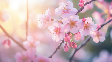 Fototapeta premium Delicate cherry blossoms bloom in soft pink hues, creating serene and tranquil atmosphere. gentle sunlight enhances their beauty, evoking feelings of peace and renewal