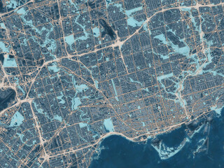 Painterly Style City Map of Toronto Ontario, Canada in a Blue Color Scheme.