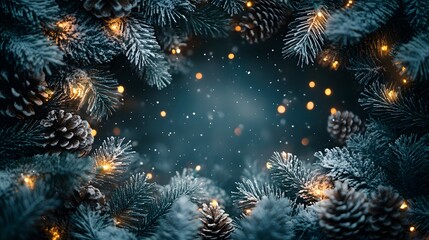 Fototapeta premium Snow-Covered Pine Branches with Pine Cones and Fairy Lights