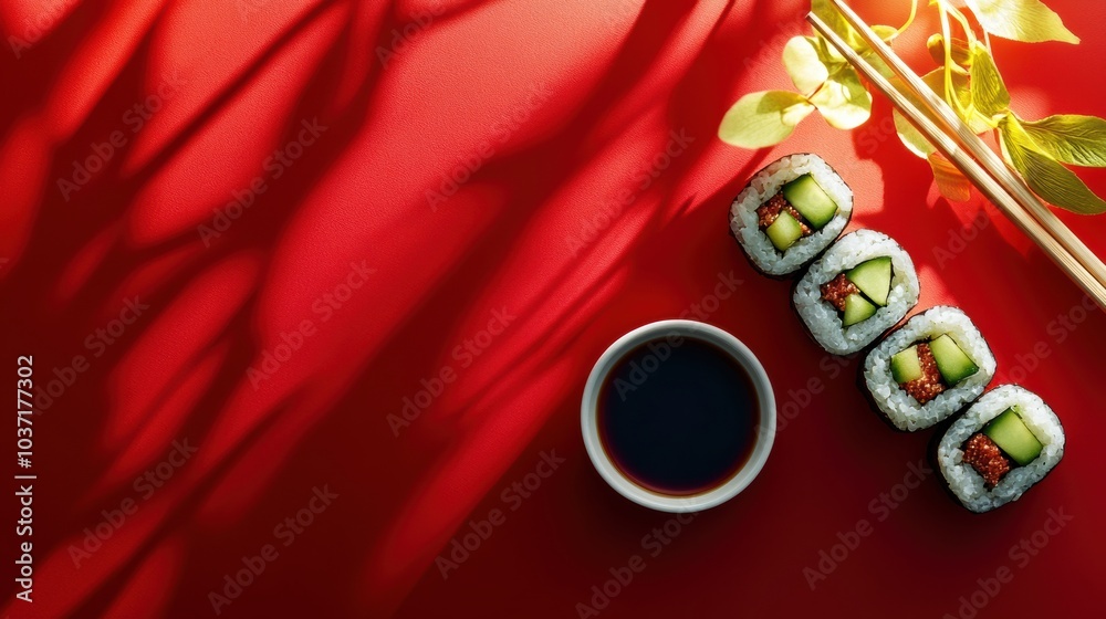 Aufkleber enjoy a plate of fresh japanese sushi rolls filled with cucumber, complemented by soy sauce and chop