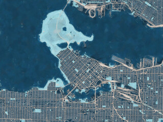 Painterly Style City Map of Vancouver center British Columbia, Canada in a Blue Color Scheme.