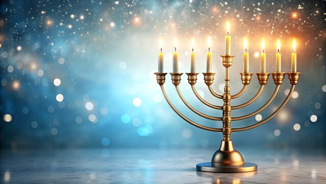 Illuminated menorah with candles against a sparkling blue background