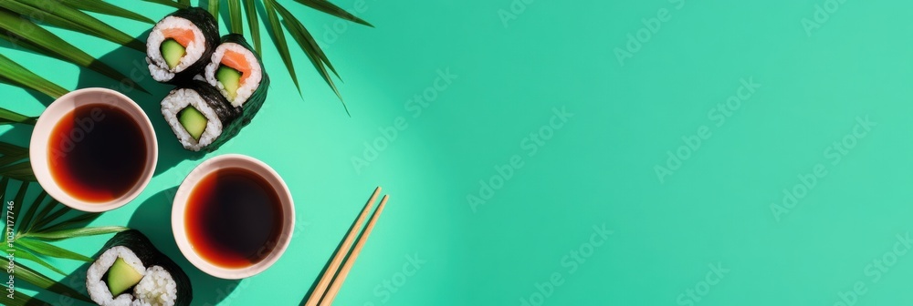 Poster enjoy a colorful display of sushi rolls filled with cucumber, paired with soy sauce bowls and chopst