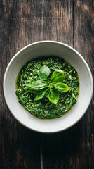 Homemade basil pesto sauce in a rustic bowl on a wooden table