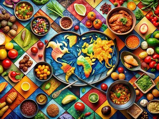 Fototapeta premium Colorful Food and Drink Symbols in Mosaic Style for Culinary Art and Design