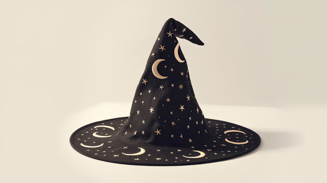 stylish witch hat adorned with small stars and crescent moons, perfect for Halloween or themed parties. Its unique design adds magical touch to any outfit