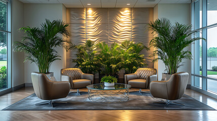 High end reception room with modern seating and lush greenery in a professional office setting