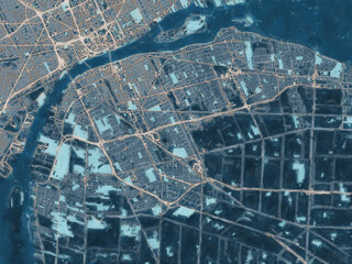 Painterly Style City Map of Windsor Ontario, Canada in a Blue Color Scheme.