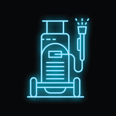 Neon pressure washer machine for cleaning cars and surfaces icon glowing on dark background