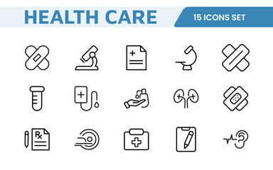 Set of Medical web icons in line style. Medicine and Health Care, RX. Medicine, check up, doctor, dentistry, pharmacy, lab, scientific discovery, collection.