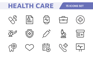 Set of Medical web icons in line style. Medicine and Health Care, RX. Medicine, check up, doctor, dentistry, pharmacy, lab, scientific discovery, collection.