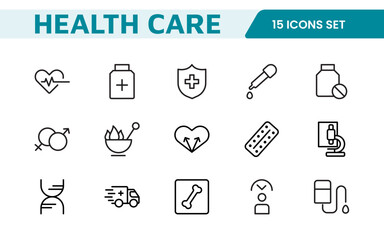 Set of Medical web icons in line style. Medicine and Health Care, RX. Medicine, check up, doctor, dentistry, pharmacy, lab, scientific discovery, collection.