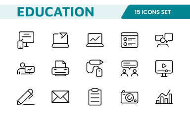 Education line icons collection. Big UI icon set in a flat design. Thin outline icons pack. Thin line icons set of academic subjects and education. Outline symbol collection.