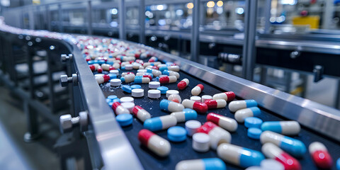 Obraz premium Pharmaceutical Pills on Automated Production Line, Drug Capsules on Conveyor Belt