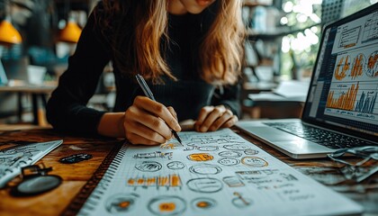 Fototapeta premium Organized Businesswoman Sketching Ideas and Researching Competitors on Laptop