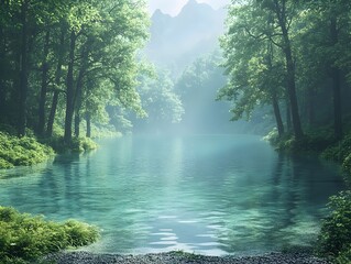 Obraz premium A serene view of a tranquil lake surrounded by lush green trees and misty mountains, evoking a peaceful and refreshing atmosphere.