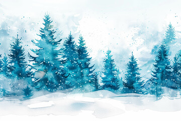 Hand drawn watercolor coniferous forest illustration, spruce. Winter nature, holiday background, conifer, snow, outdoor, snowy rural landscape.Mysterious fir or pine trees for winter