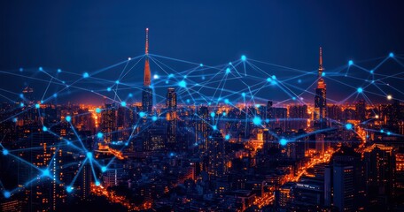 Fototapeta premium Futuristic Cityscape with Digital Network Connection Lines