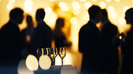 Blurred background of a business cocktail event, with soft lighting and silhouettes of professionals networking in an upscale venue.