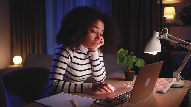 Boring tired young student or freelancer  falling asleep during study or work at home workplace at late night Stressed female exhausted from remote distance work or education and hard program indoors