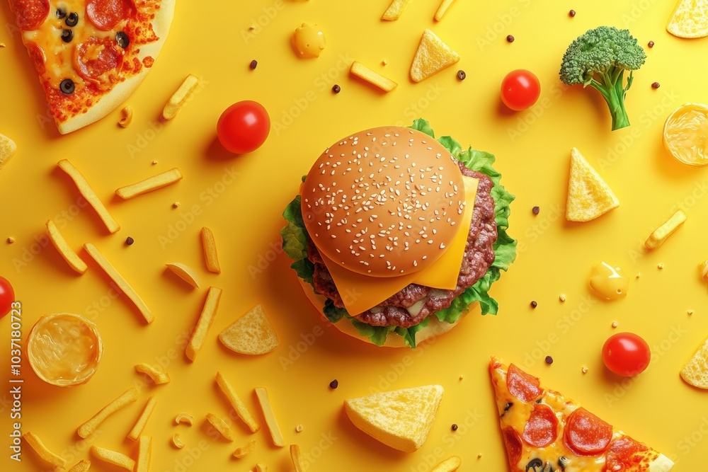 Poster colorful fast food icons like burgers and pizza are artistically arranged on a bright yellow backgro