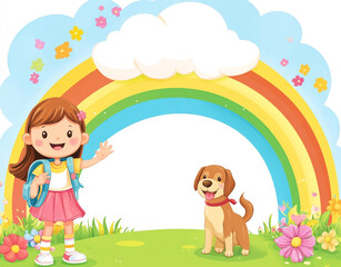 Naklejka premium Little girl with a white dog and a rainbow cartoon frame background. 