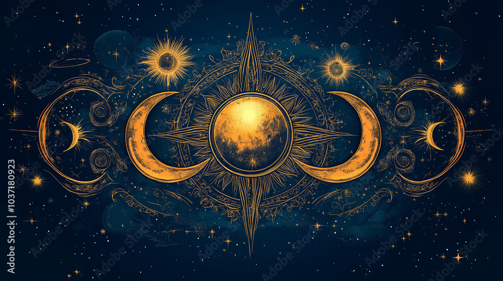 Wall mural a celestial design featuring a large sun surrounded by three crescent moons with stars and planets i