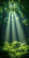 Fototapeta premium A serene forest scene illuminated by sunlight filtering through the dense canopy, casting soft rays onto a lush green undergrowth.