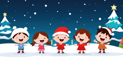 Fototapeta premium Happy Kids Singing Christmas Carols in the Snow