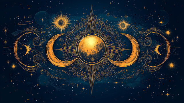 A celestial design featuring a large sun surrounded by three crescent moons with stars and planets in the background.