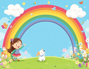 Obraz premium Little girl with a white dog and a rainbow cartoon frame background. 