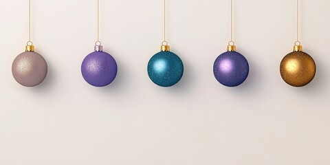 Colorful holiday ornaments hanging on wall, Christmas Background for Holiday Decor or Promotional Designs, Banners, Cards. Space for text
