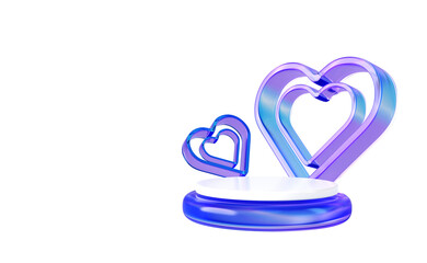 3d blue glass podium display with crystal light hologram neon gradient heart frames isolated on transparent background. Love symbol platform pedestal, valentine day gift presentation. 3D illustration