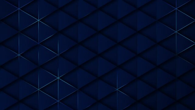 Abstract blue background with led neon. 4k blue luxury geometric background with glowing lines. Graphic ornament. Seamless looping triangle pattern. Simple elegant 3d BG.
