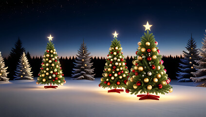 christmas trees colorful decorated winter landscape setting ornaments lights surrounding fully