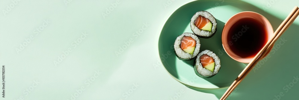 Poster savor three fresh sushi rolls with cucumber served alongside a bowl of soy sauce and chopsticks on a