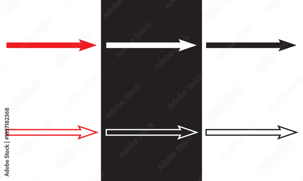 Wall mural red, black and white large forward or pointing solid long arrow icon sketched as vector symbol . vec
