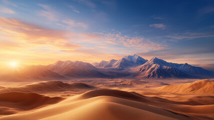 Naklejka premium breathtaking sunset over majestic mountains and rolling sand dunes, showcasing natures beauty
